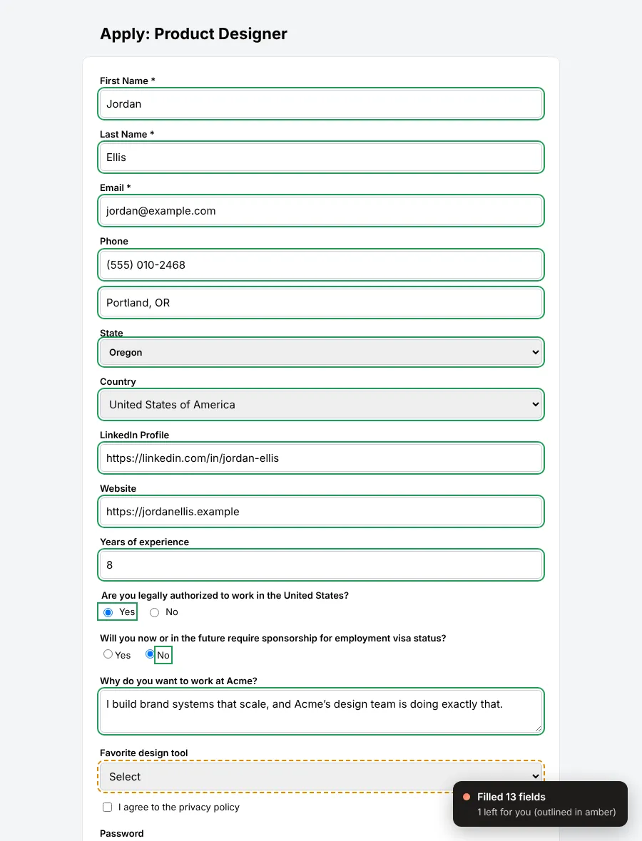 The test form after one fill: green outlines on thirteen filled fields, a dashed amber outline on the one dropdown left, and a notice reading Filled 13 fields, 1 left for you.