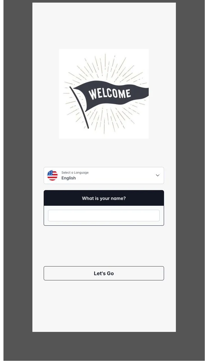 The original visitor welcome screen: a stock welcome flag graphic, language selector, name field and Let's Go button.