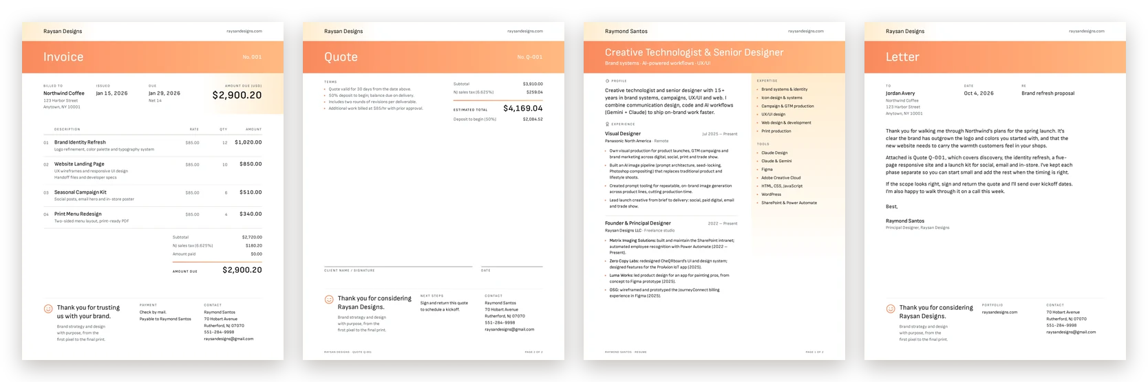 Four branded pages side by side: an invoice, the closing page of a quote, page one of a resume and a one-page letter. Each has the same cream wordmark bar and coral color bar.