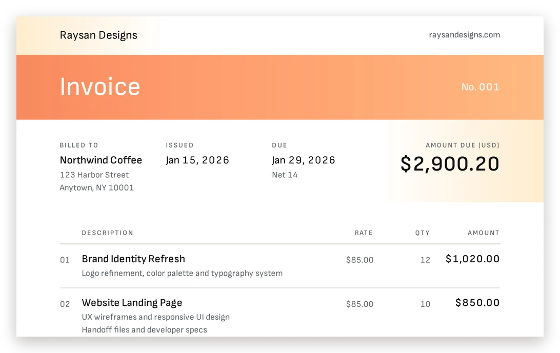 Top of a sample invoice: the wordmark bar, the coral color bar with Invoice and No. 001, Billed to, Issued and Due columns, and a cream Amount due panel that bleeds to the right edge.