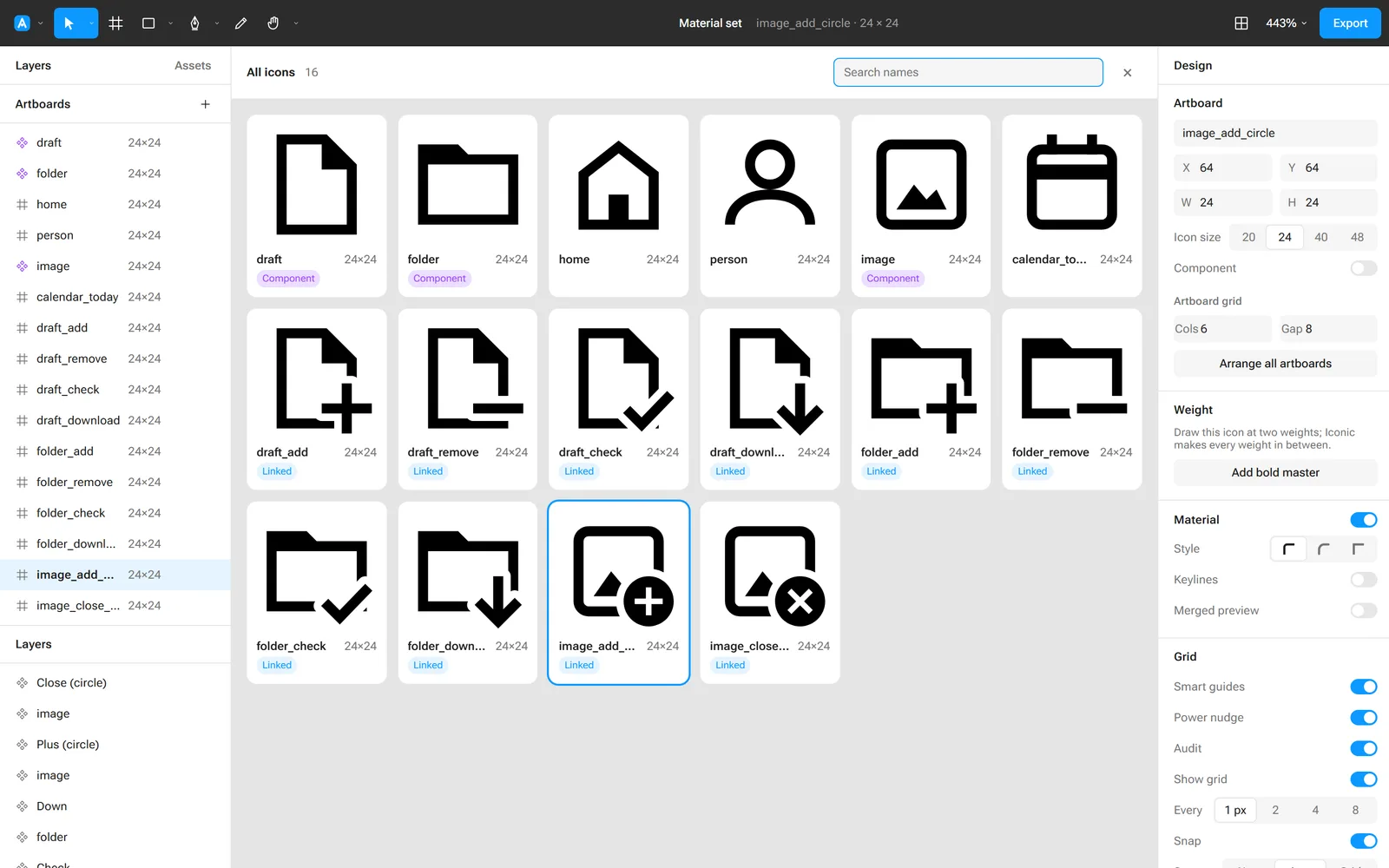 The current Iconic with the All icons overview open: a grid of sixteen icon cards, each with its name, size and status chips such as Component and Linked, plus a search field.