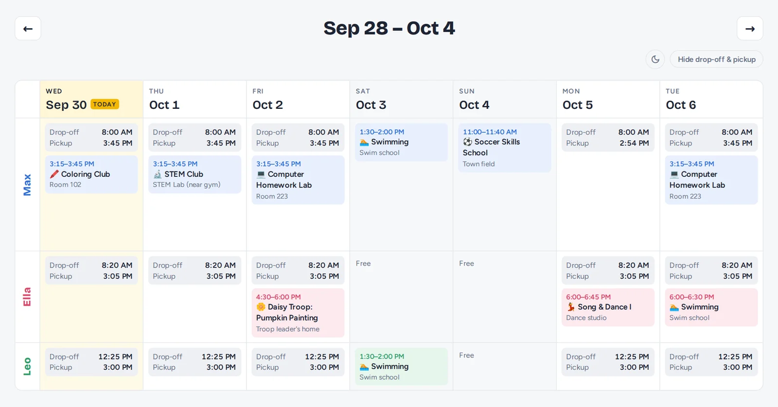 Kids Week schedule: days across the top, three children down the side, with school times and color-coded activities.
