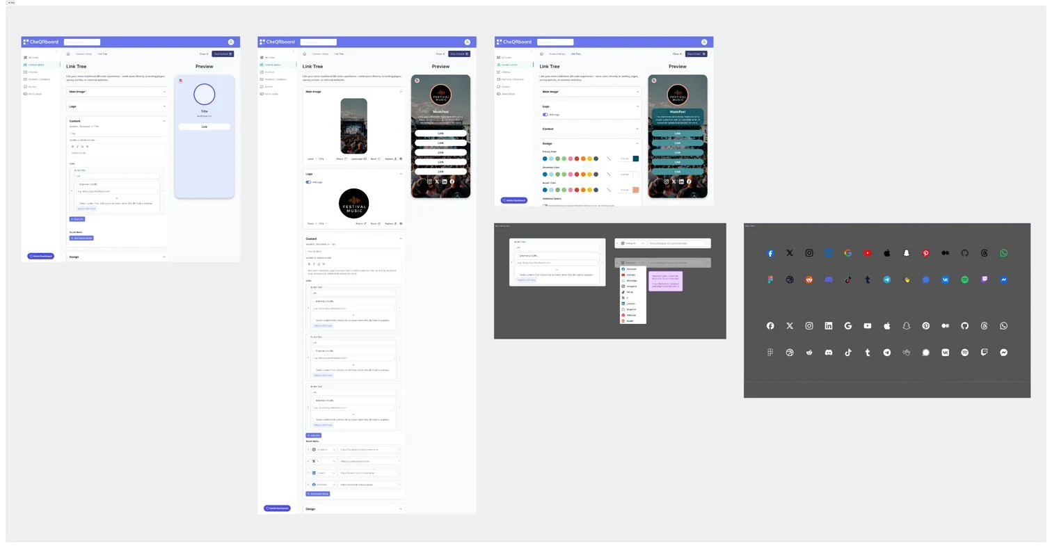 Link Tree editor for a music festival, with link buttons, social icons and custom colors.