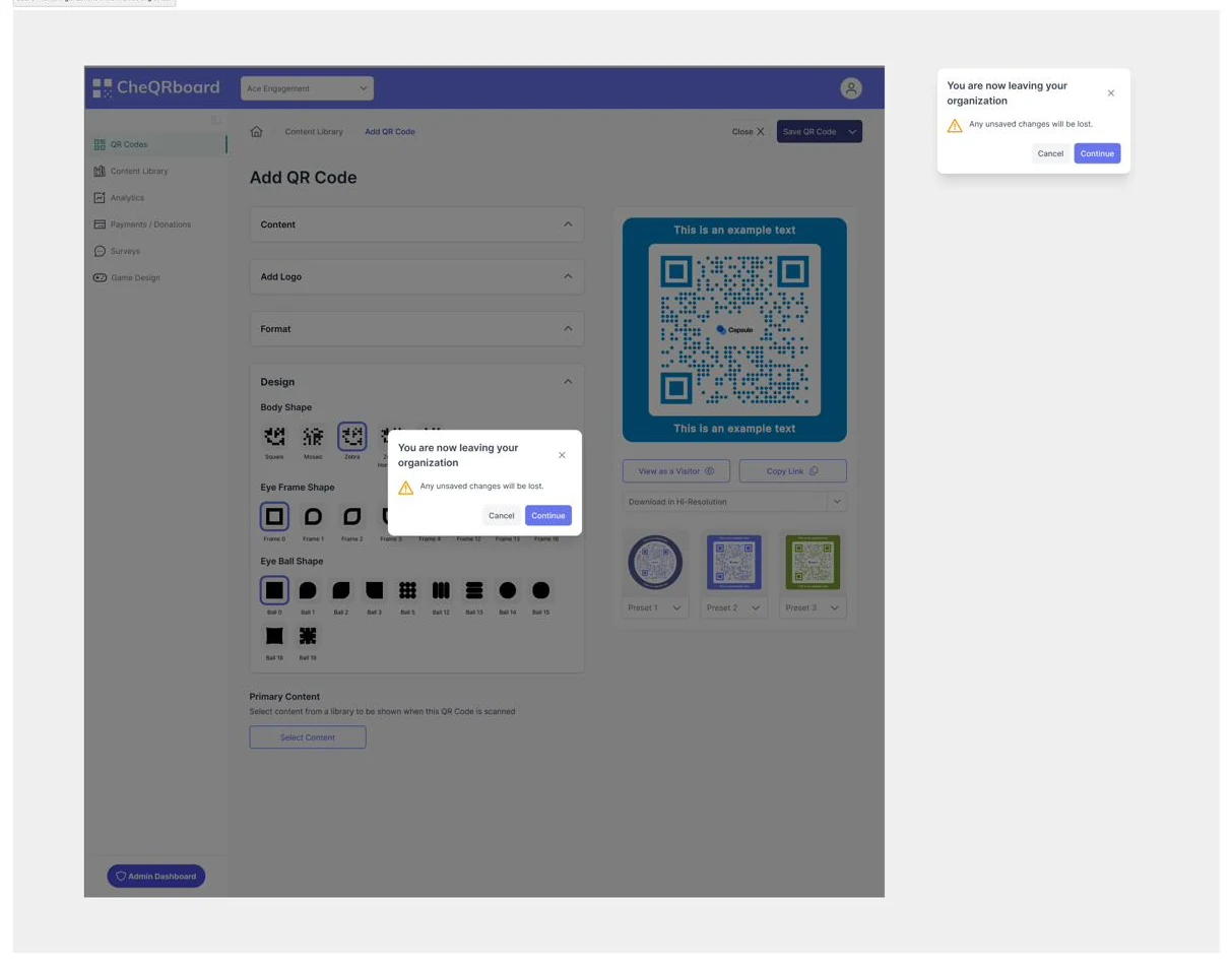 A modal warning that unsaved changes will be lost when leaving the current organization.