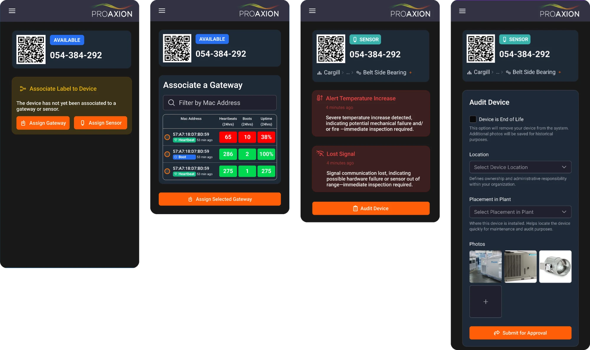 Four phone screens in sequence: an unassigned label with Assign Gateway and Assign Sensor buttons, a gateway picker with 24-hour health numbers, a sensor with temperature and lost-signal alerts, and an Audit Device form with photos.