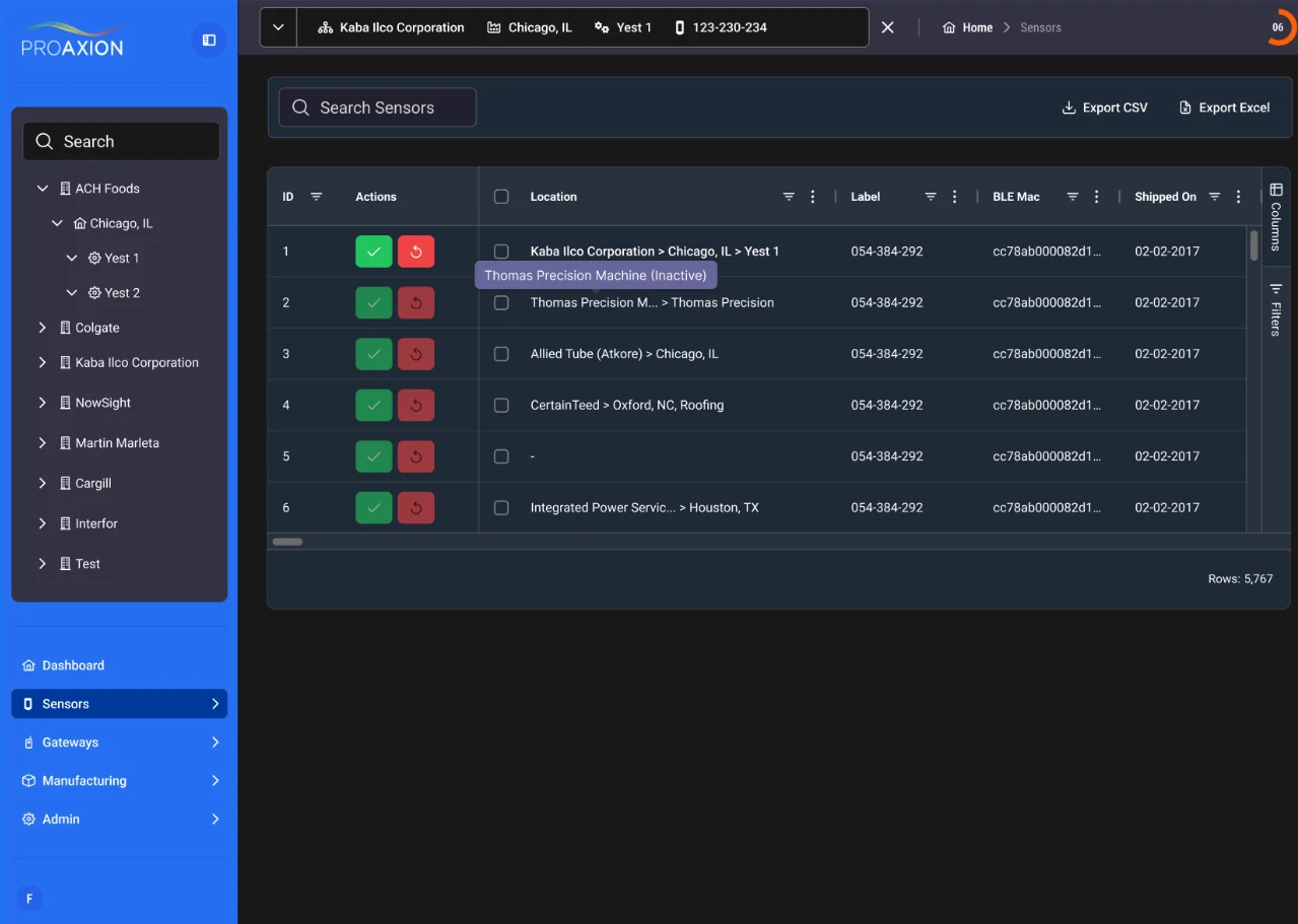 The web dashboard's Sensors table: a customer and plant tree in the sidebar, and rows of sensors with location, label, BLE MAC address and ship date.