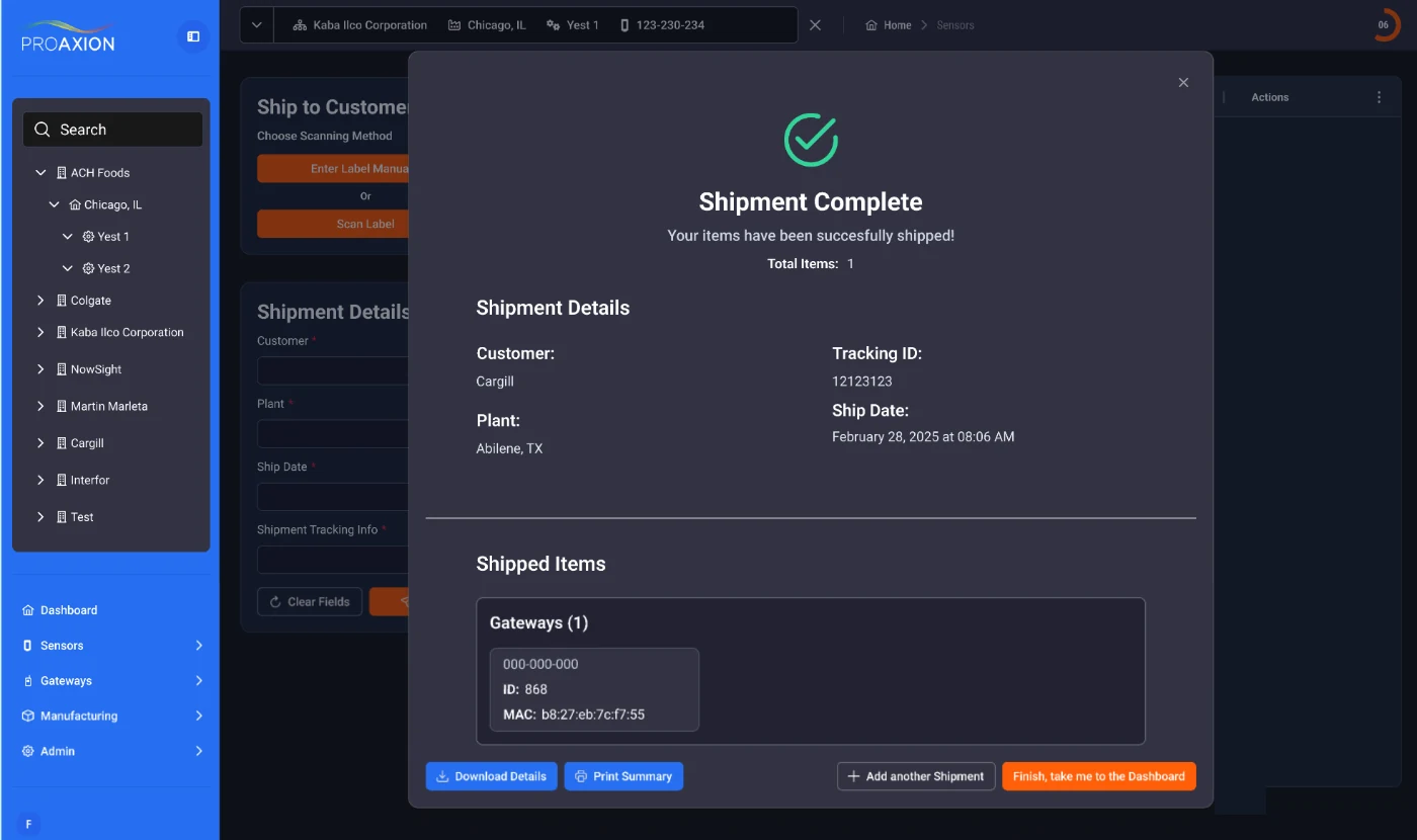 A Shipment Complete dialog on the web dashboard listing customer, plant, tracking ID, ship date and the shipped gateway, with Download Details, Print Summary and Finish buttons.