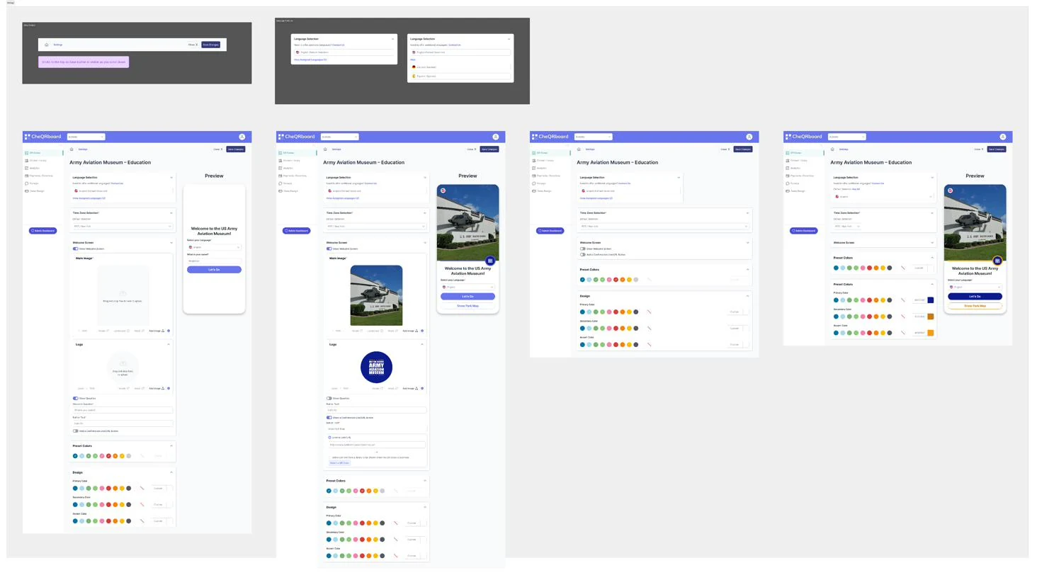 Welcome screen settings for the Army Aviation Museum, from empty state to a branded preview with the museum's photo, logo and colors.